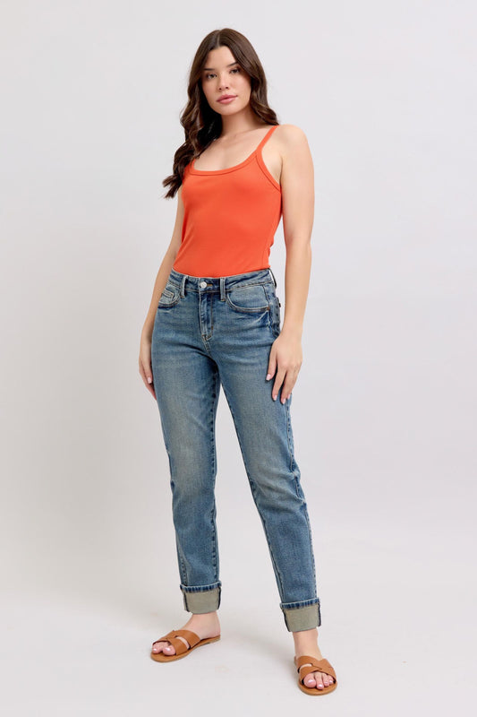 Judy Blue Roll With It Mid-Rise Vintage Wash Double Roll Cuff Boyfriend Jeans