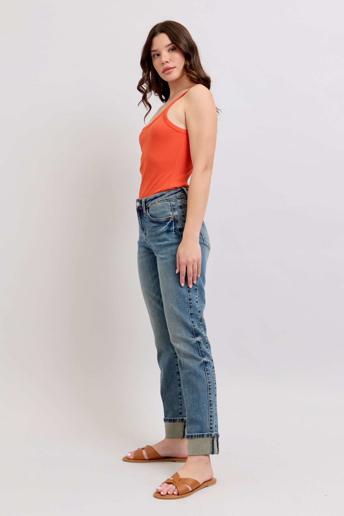 Judy Blue Roll With It Mid-Rise Vintage Wash Double Roll Cuff Boyfriend Jeans
