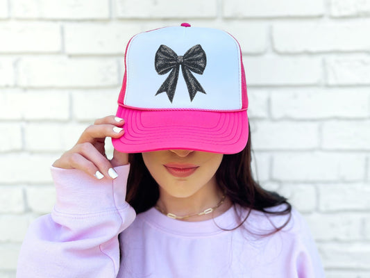 Coquette Black Glitter Bow - trucker hat